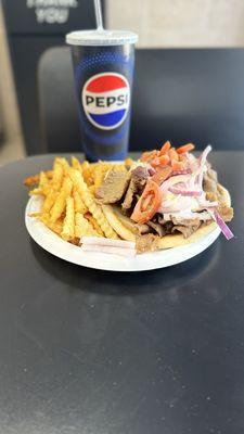 Gyro plater with fries and drink, no feta cheese though