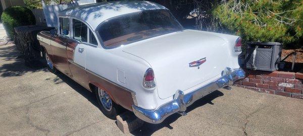 55 Chevy w/ 4 speed Muncie M21 swapped out including fabricated crossmember