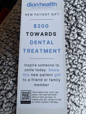 New Patient Gift- $200 off dental treatment!