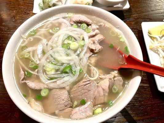 This is the "large" bowl which was loaded with rice noodles, beef round, and brisket.