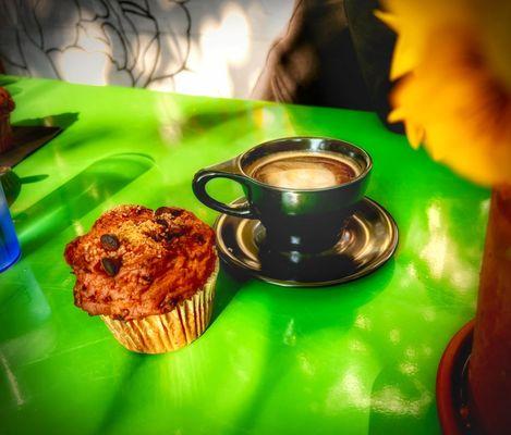 Americano and vegan gluten free banana and chocolate chip muffin.