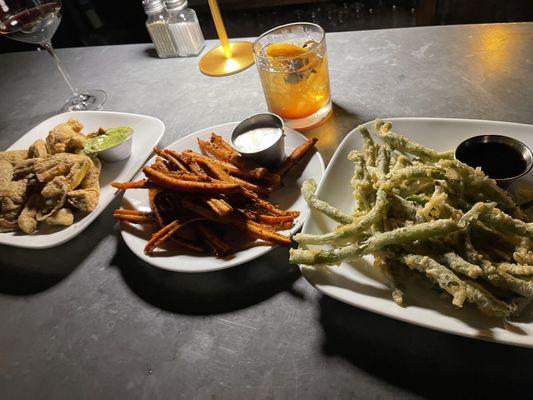 Yummy veggie plates at the bar. Delicious sweater weather cocktail.