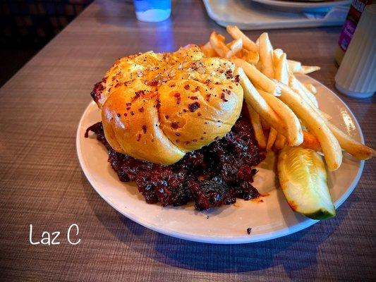 BBQ Pastrami on Onion roll w/fries