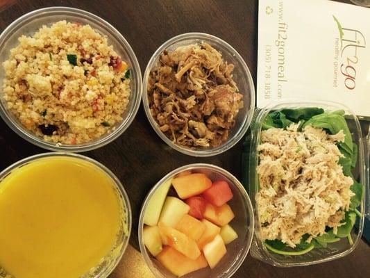 Sample day: Pumpkin soup, pork, turkey celery salad, fresh fruit, and quinoa salad.