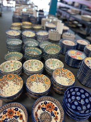 Rows of Polish pottery  bowls and plates