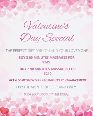 Valentine's Day special for all of February 2023!  What's a better way to show how much you love your loved ones by gifting them a massage?