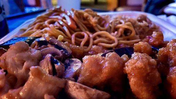 Chicken and mushrooms, General Tso Chicken, and half hack fried rice and lo mein.