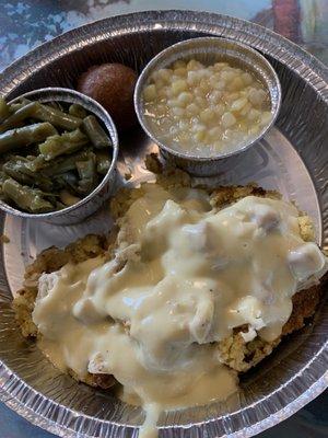 Chicken & Dressing, green beans, sweet corn & a hush puppy