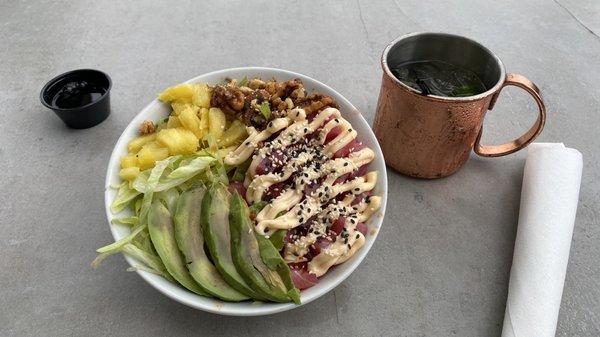 Specially prepared by the kitchen tuna, avocado, pineapple and walnut poke bowl. Soooo good!!!