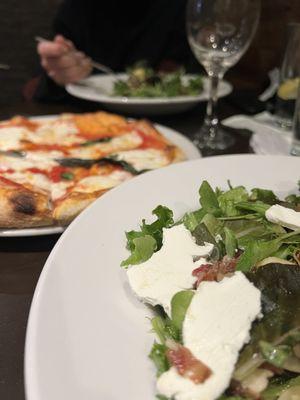 Margherita pizza and wild mushroom salad