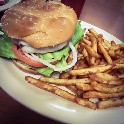 Avocado Burger with fries!