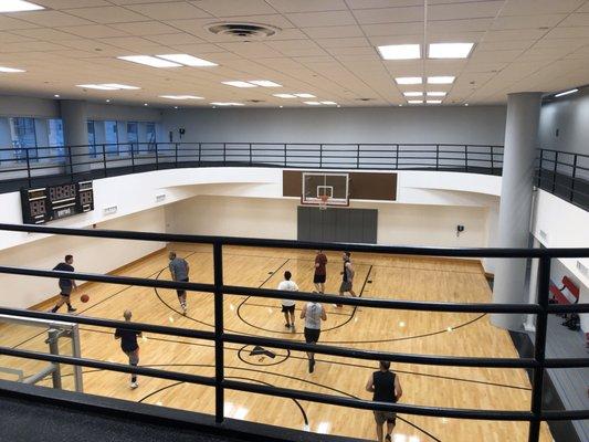 A basketball court and indoor track.