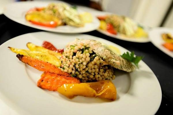 Roasted Filet of Salmon, with Grilled Vegetables and Israeli Couscous