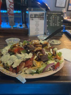 Steak and strips House Salad Fajita style !