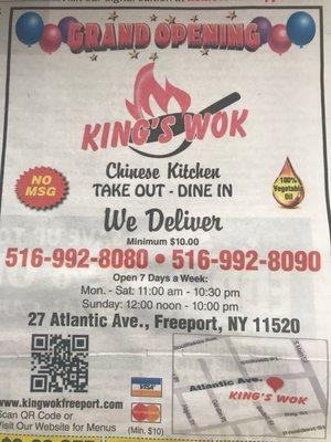 Grand opening Chinese restaurant to Freeport.