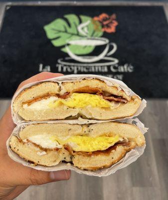 Bacon, Egg & Cheese on an everything Bagel