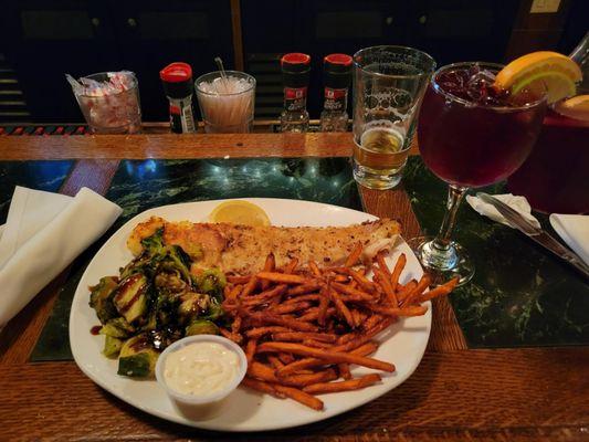 Parmesan Crusted  Baked Walleye with sweet potato  fries and balsamic brussels. y are so thin.