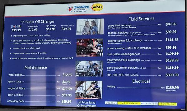 Some of their prices for regular maintenance jobs.