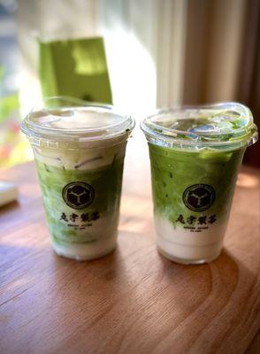 Iced matcha latte with snow top, iced matcha latte