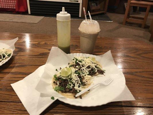 The steak tacos and a chocolate oatmeal shake made with real oatmeal!