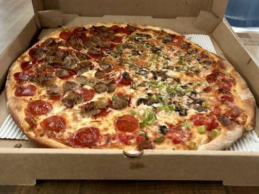 Take out half sausage & pepperoni / half mushrooms & green pepper on crispy thin crust. Yum-a-licious