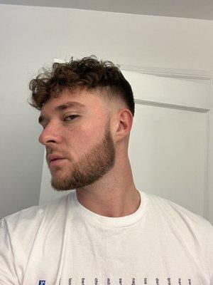 Mid drop fade, beard line up, scissor work