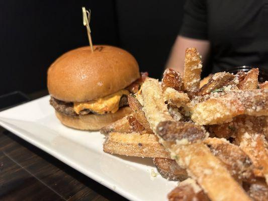 Pimento Burger with truffle fries