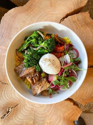 Korean Braised Brisket Bowl with Seasonal Vegetables, Cucumber Kimchi, Turmeric Coconut Rice, and Soft Boiled Egg *Dinner Exclusive*