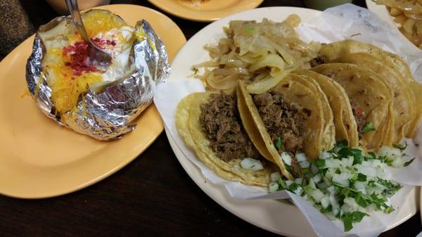 Six fajita tacos with a baked potato and frijoles a la charra.  The tacos and potatoes were delicious. The besns not so much.