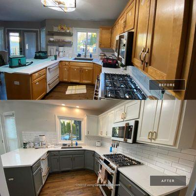 Before: Golden wood cabinets and dark walls. 
After: White upper cabinets, gray lower cabinets, updated hardware, and bright walls.