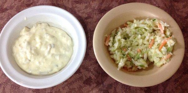 House made tartar ( strong mayo base) and slaw, both are great