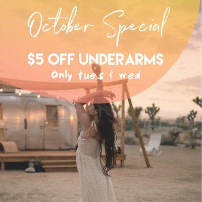 October 2019 Special: $5 off underarms waxing on Tuesdays and Wednesday's only. Book online for or call for your next waxing !