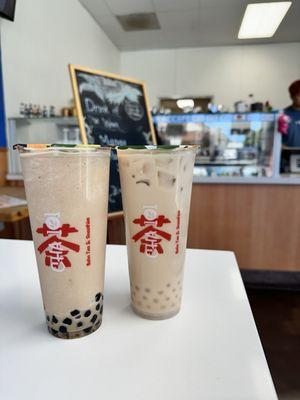 Blended coffee with boba and earl gray with yogurt boba