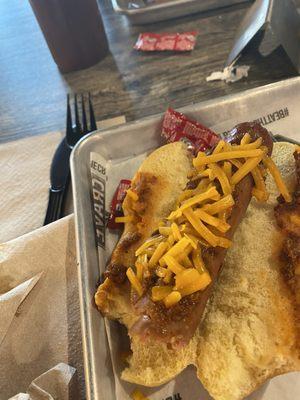 This is a chili and cheese dog!