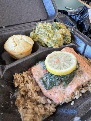 Broccoli & cheese, rice & salmon