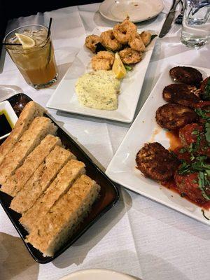 Focaccia, fried mozzarella with meatballs, Parmesan Shrimp*