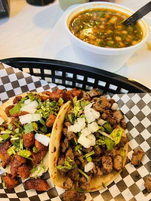 Al pastor & carne asada tacos .. don't forget the consommé