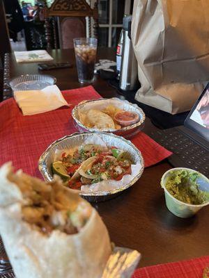 Veggie tacos, veggie quesadilla, chips and guac