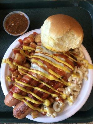 Red hot/cheeseburger combo plate with home fries and mac salad.