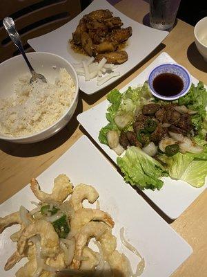 Pepper and Salted Shrimp, Diced Beef Stir-fried, Deep-Fried Chicken Wings with Fish Sauce, Garlic, and Chilies