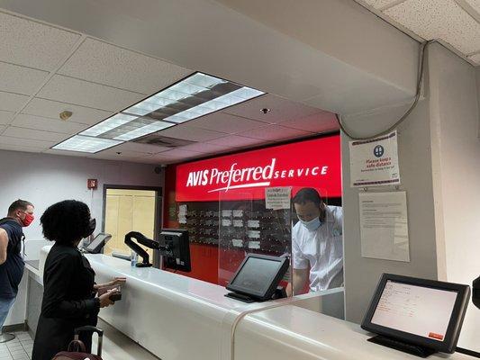 The Avis/Budget counter in the rental garage at the John Wayne airport.