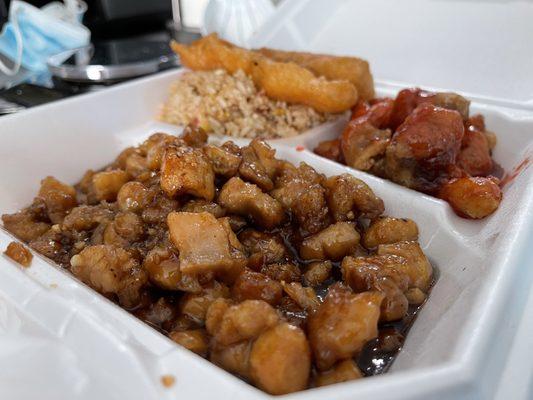 Peking chicken. Sweet sour pork, fried shrimp, & pork fried rice. Delicious!