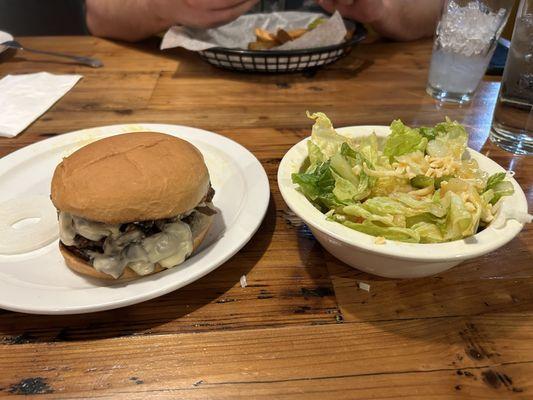 Mushroom Swiss Burger and side salad.