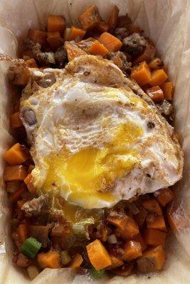 Sweet potato hash with bacon and sausage