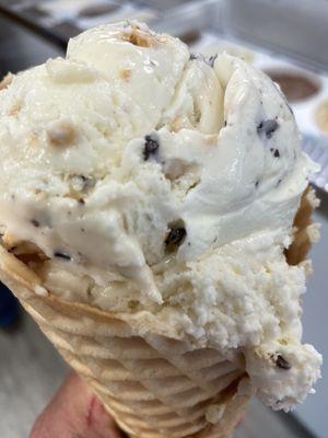 One scoop chunky chocolate peanut brittle, one scoop chocolate chip cookie dough