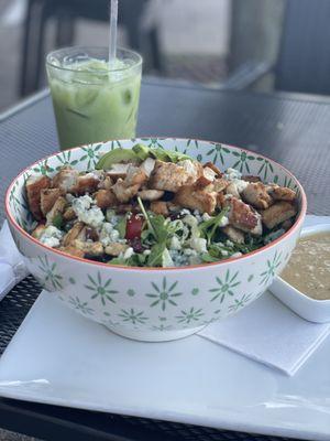 Sea of green salad with white balsamic and sugar free vanilla matcha latte with oat milk.