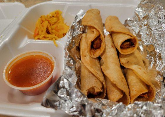 Taco Dorados with marinated cabbage and red salsa