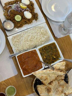 garlic naan, chicken tikka masala, saag paneer, basmati rice, lamb biryani