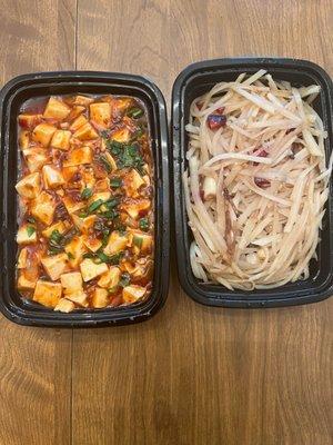 Mala tofu (left). Hot & sour shredded potato (right).