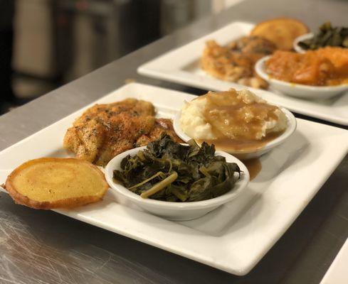 Grilled Catfish With Fresh Greens, Mashed Potatoes, & Hot Water Cornbread